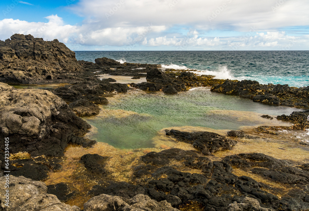 Tidal pools on the lava rock plateau near Kilauae point on north coast of Kauai Tidal pools on the lava rock plateau near Kilauae point on north coast of Kauai