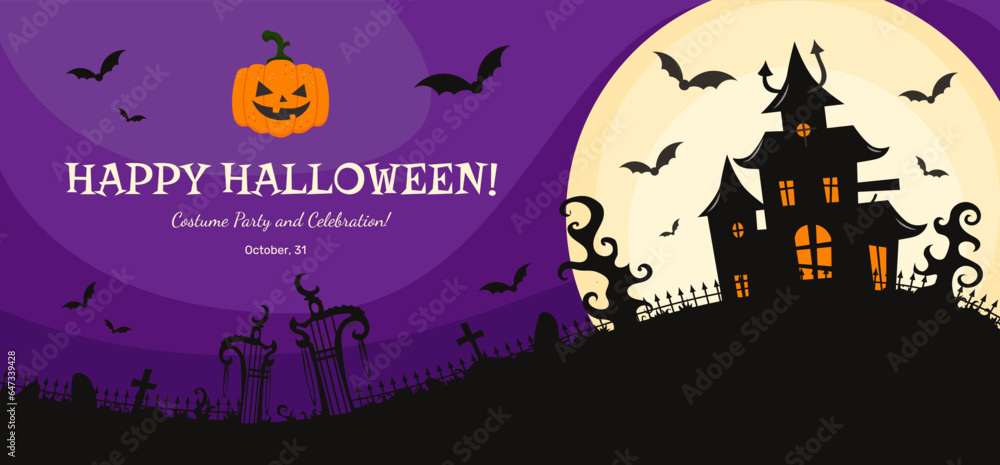 Halloween party invitation banner, greeting card, flyer with creepy haunted house, cemetery and a full moon on the background with flying bats around.