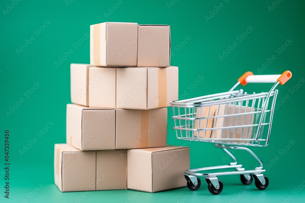 Shopping cart with a stack of blank cardboard boxes beside it, isolated on green E-commerce concept.