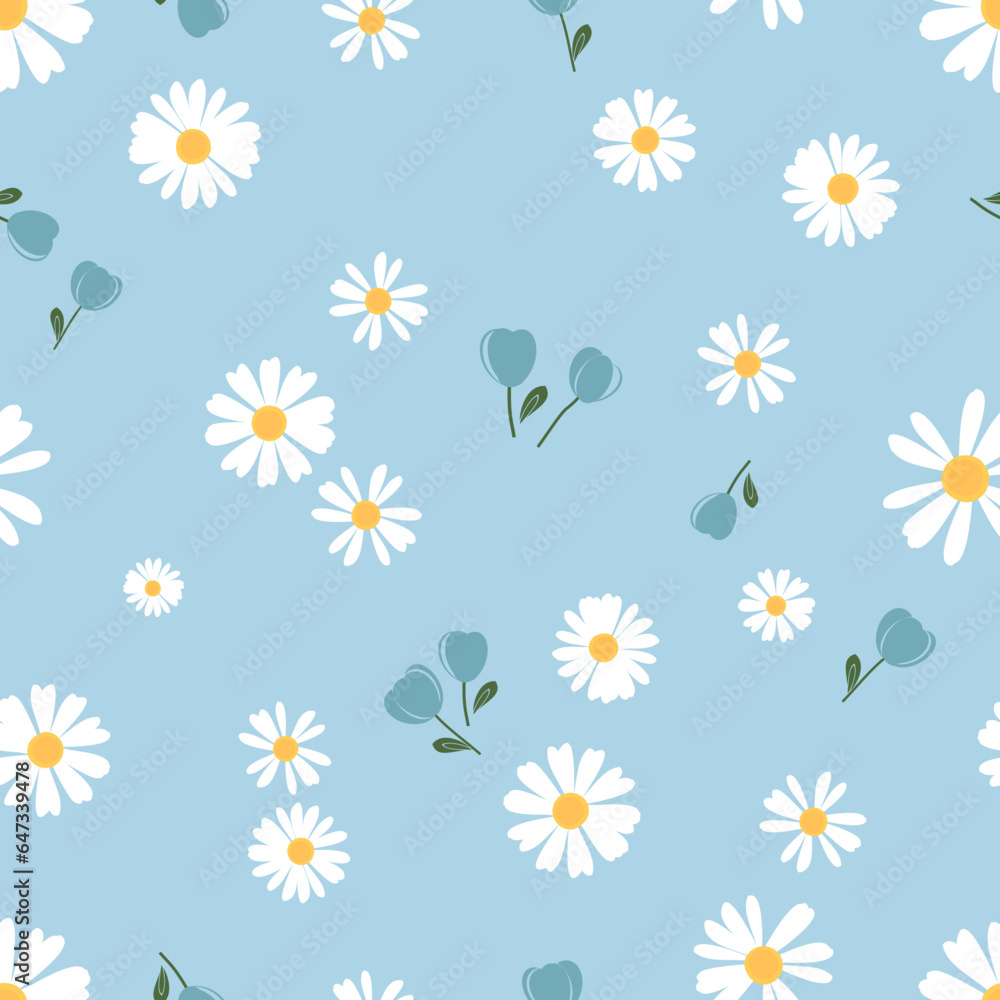 Seamless pattern with daisies and wild flower on blue background vector illustration. Cute floral print.