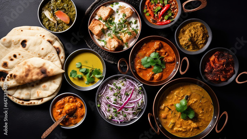 Assorted indian food on black background.. Indian cuisine. Top view.generative ai