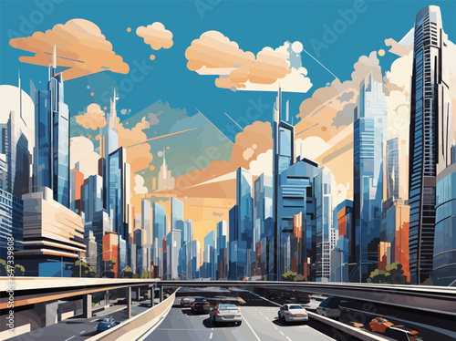 vector background image that represents the essence of a bustling cityscape, with towering skyscrapers, intricate road networks, and a dynamic mix of urban elements.