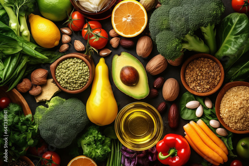 Border liver detox diet food concept, fruits, vegetables, nuts, olive oil, garlic.generative ai photo