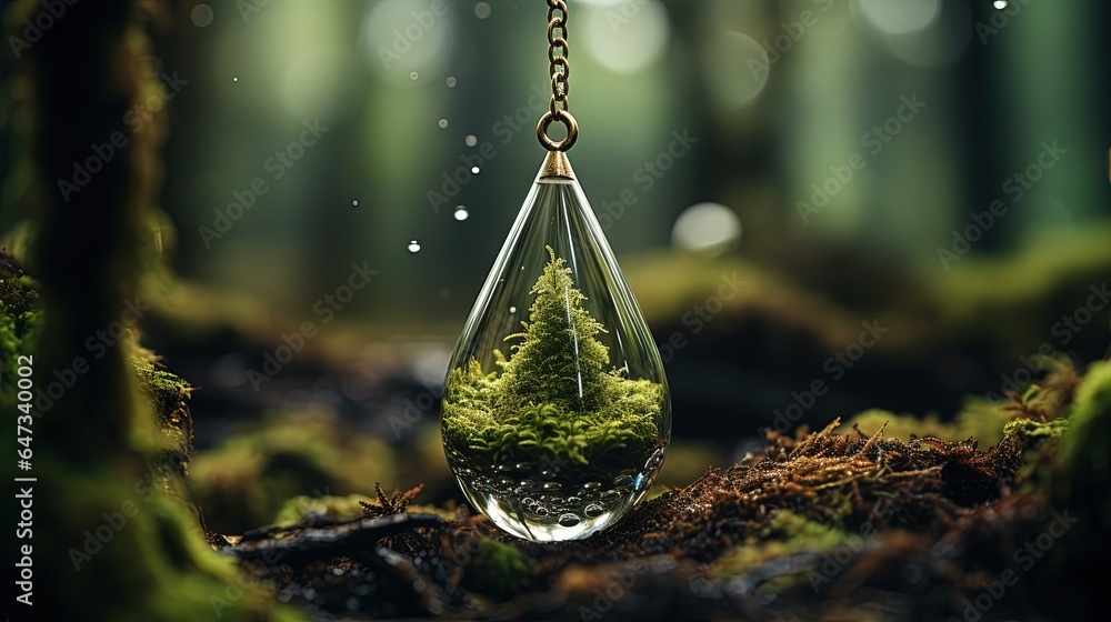  a mossy tree inside of a glass hanging from a chain.  generative ai