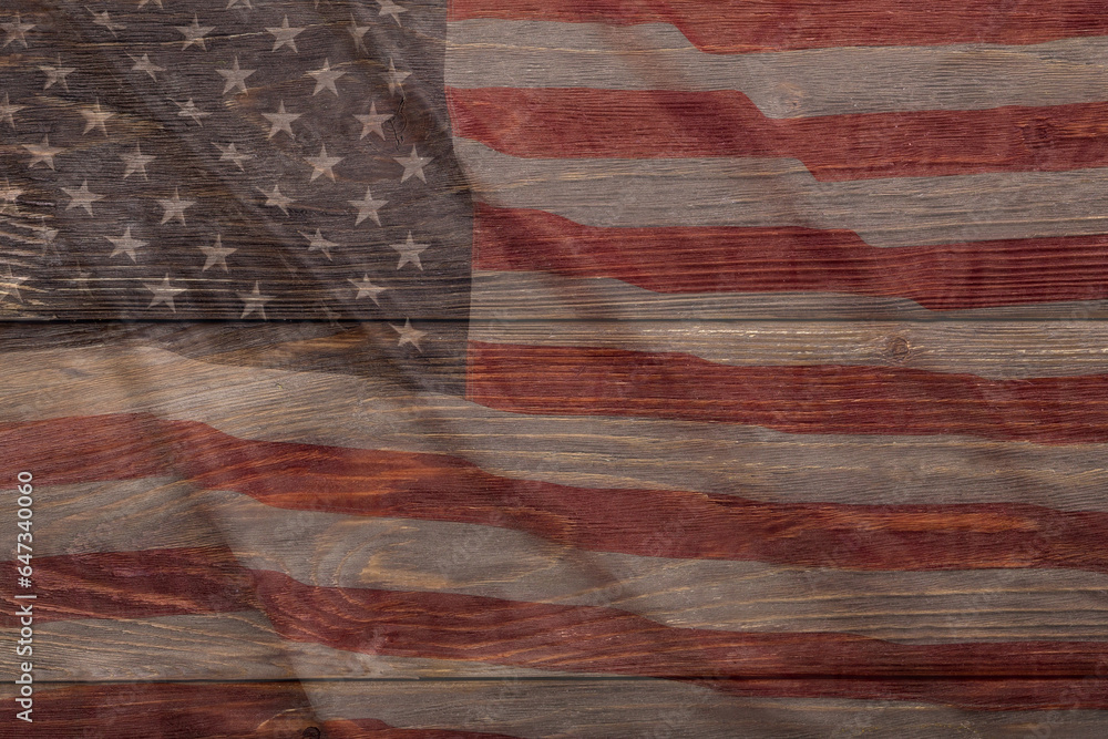 Fototapeta premium Wooden American Vintage Stage Background. Stage with Painted Aged American Flag Paint.