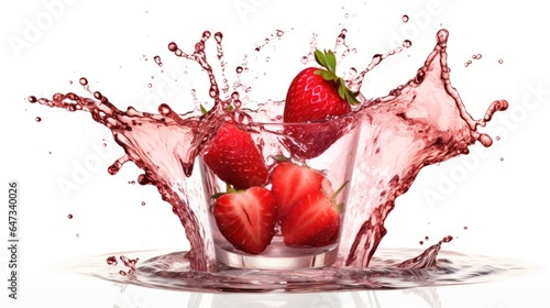 A glass of strawberry juice with a splash coming out of the glass on a white background