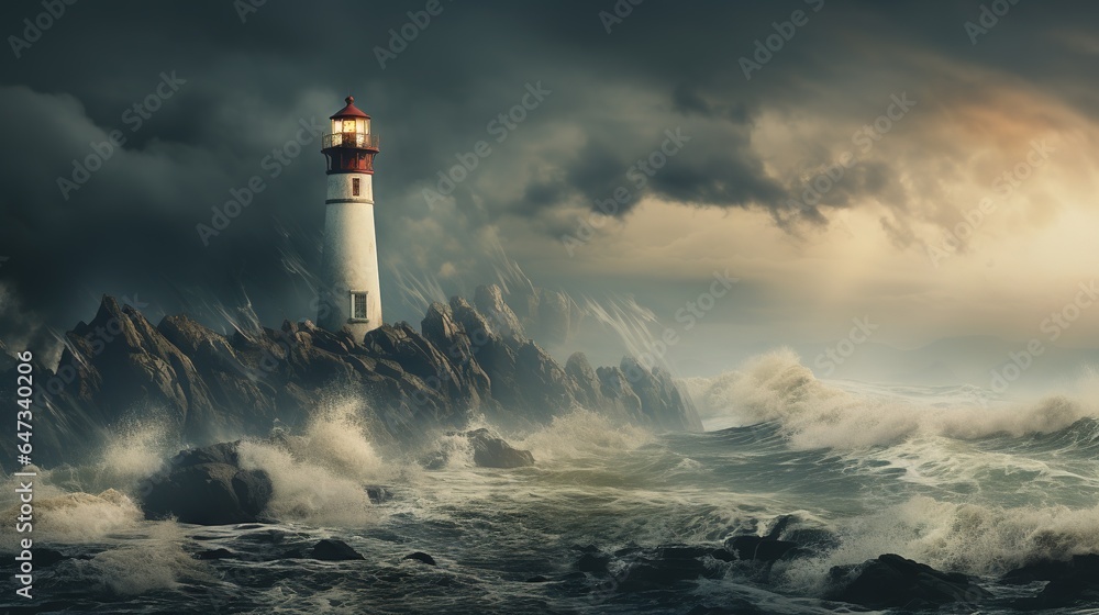 a lighthouse in the middle of a stormy sea with waves.  generative ai
