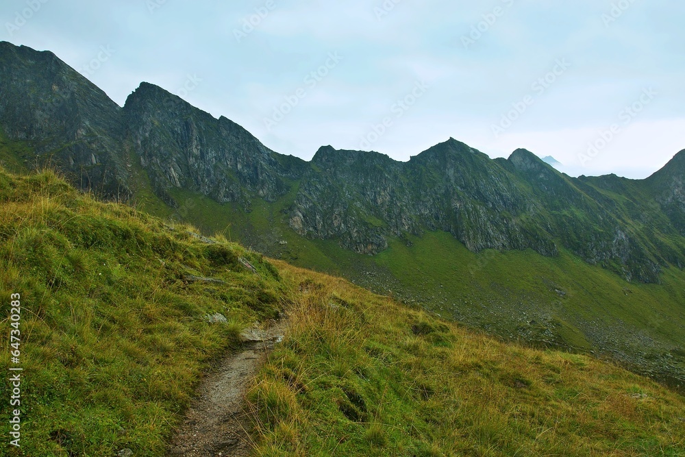 Obraz premium Austrian Alps - view of the Filzenschneid ridge from the footpath from the upper station of the Ahornbahn cable car to the Edelhütte hut
