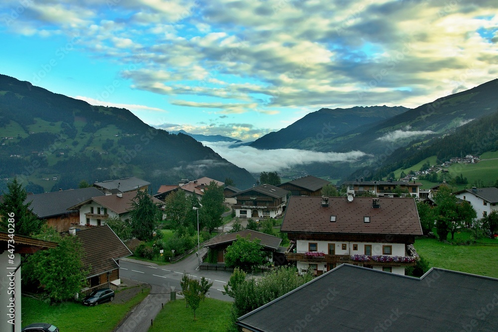 Austrian Alps - morning view of the village of Hainzenberg and its surroundings