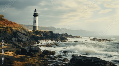  a light house on a rocky shore with waves crashing in front of it. generative ai