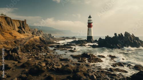  a lighthouse on a rocky shore with waves crashing in front of it. generative ai