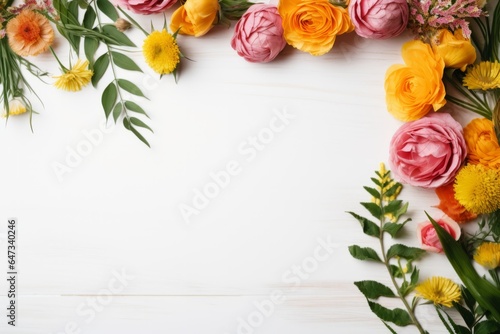 Photo of a colourful bouquet of flowers and lush green leaves that surrounds a blank space on a white background created with Generative AI technology