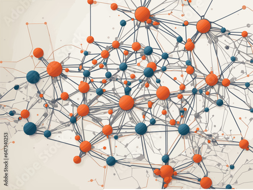 Create a detailed vector illustration of a complex network of nodes, using minimalist lines and dots to depict the intricate connections between various elements, conveying a sense of unity and