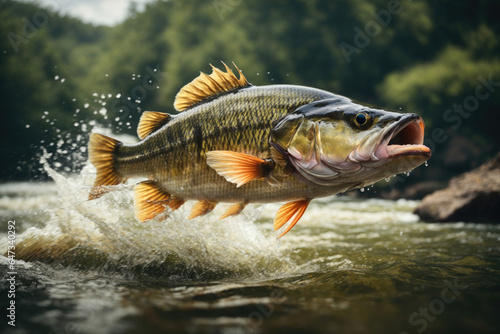 bass fish jumping out of river water. ai generative