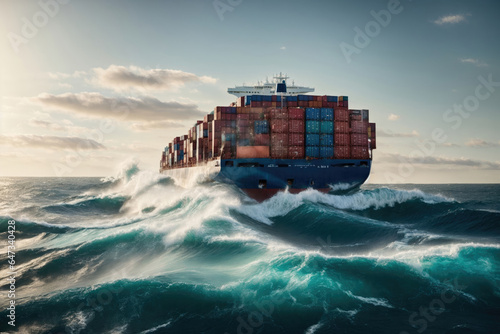 Container Ship Splashscreen Extreme Motion in the sea. ai generative