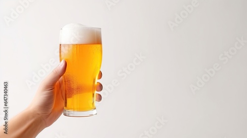 Hand holding beer glass isolated white background. AI generated