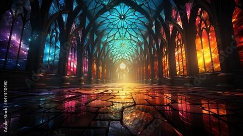  a painting of a hallway with stained glass windows and a bright light. generative ai