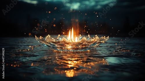  a water splash with a bright orange light coming out of it. generative ai