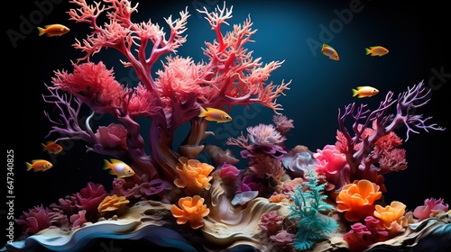  an aquarium with corals, fish, and other marine life. generative ai