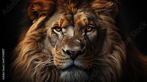  a close up of a lion's face with a black background.  generative ai © Jevjenijs