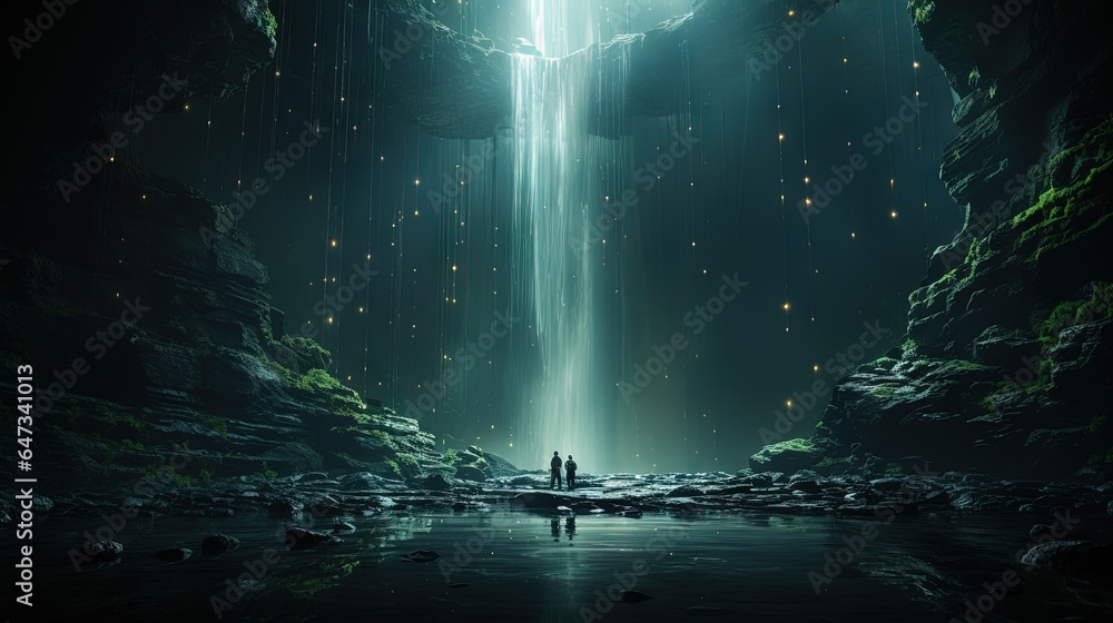  a man standing in a cave with a waterfall in the background.  generative ai