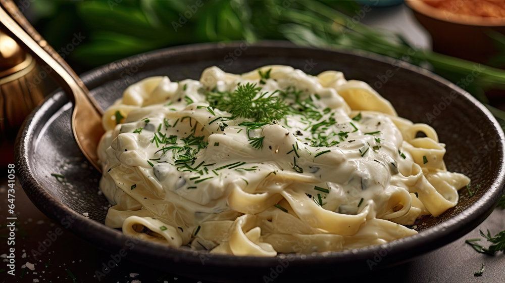 Alfredo pasta dinner with creamy white sauce and herbs. Generative Ai Alfredo pasta dinner with creamy white sauce and herbs. Generative Ai