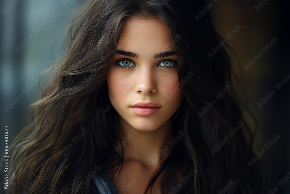 Fototapeta premium Generative Ai portrait of young girl woman brunette hairdo isolated over blurred lights background