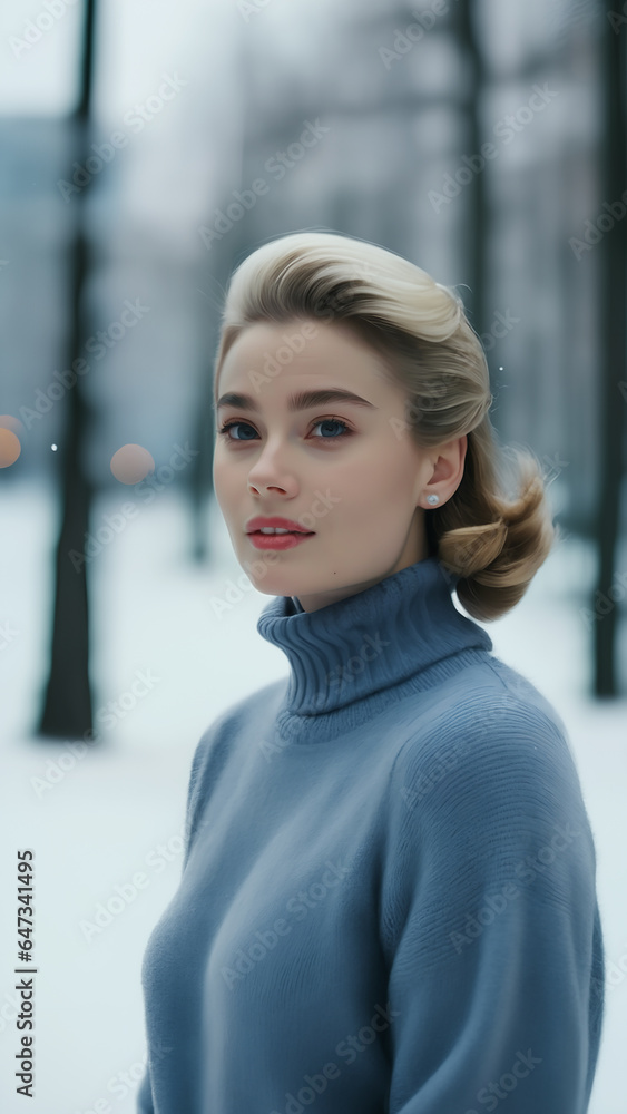 Obraz premium 雪の積もった公園に驚く女性