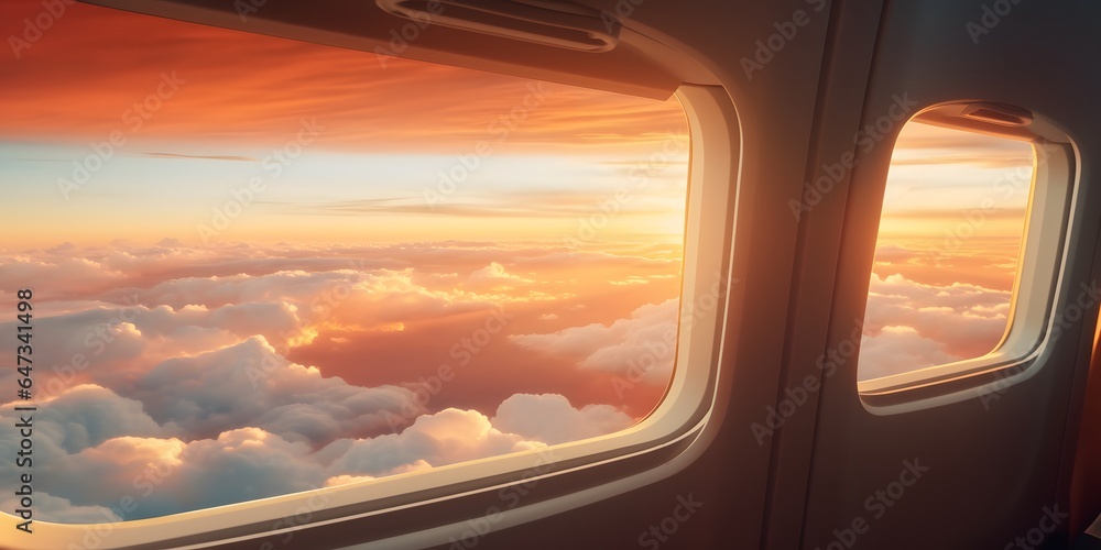 view from airplane window seat overlooking sunset horizon and clouds