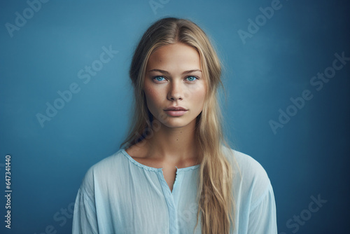 Generative Ai portrait of young woman natural beauty wear winter season clothes isolated on blue color background