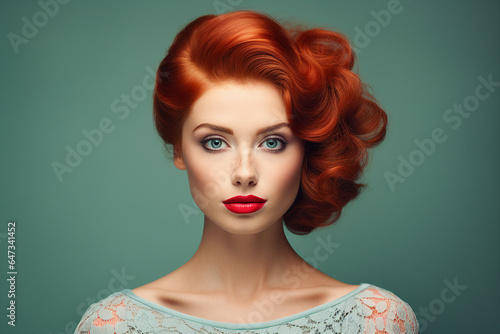 Generative Ai portrait of young pretty glamorous pinup style woman red hair fashionable look
