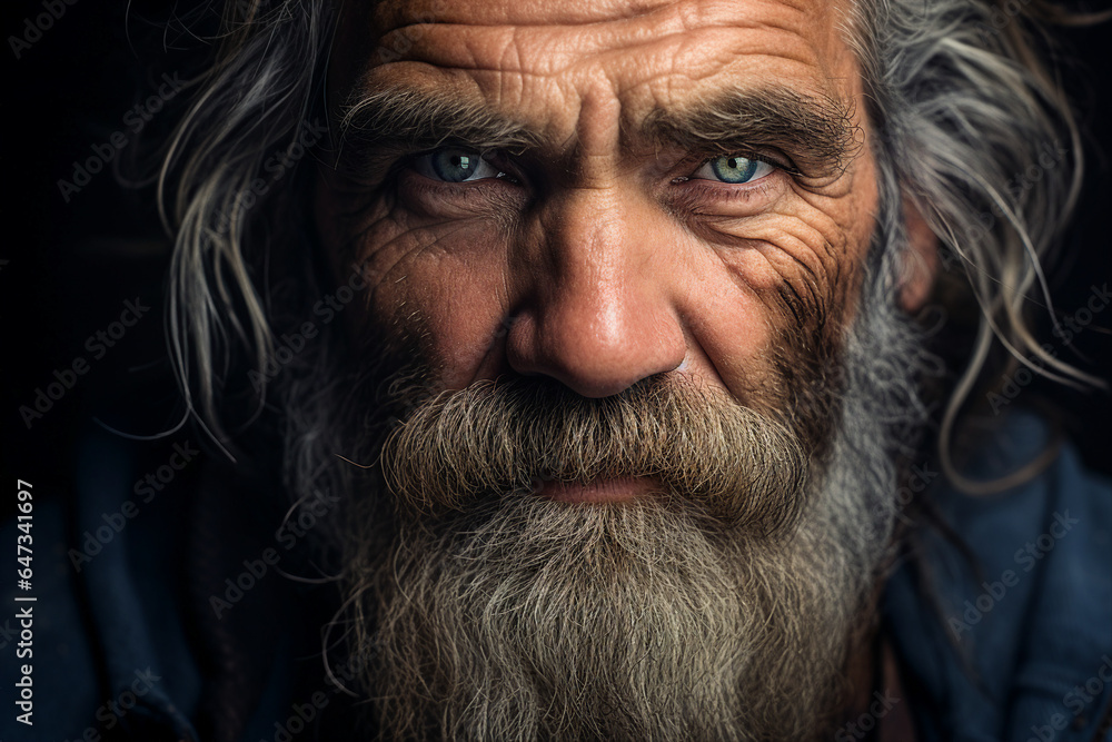 Close up picture of face old wise man with white beard homeless grandfather generative ai Close up picture of face old wise man with white beard homeless grandfather generative ai