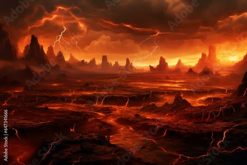 A landscape of fiery wastelands illuminated by lightning storm. Generative AI