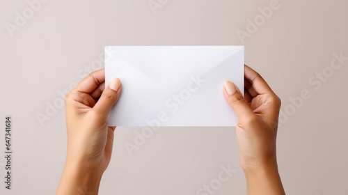 Hand holding envelope isolated white background. AI generated