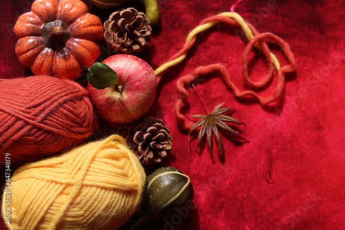 Fototapeta Naklejka Na Ścianę i Meble -  Autumn crocheting. Top view photo of wool yarn balls, apples, squashes and leaves on red background with copy space. Coziness concept. 