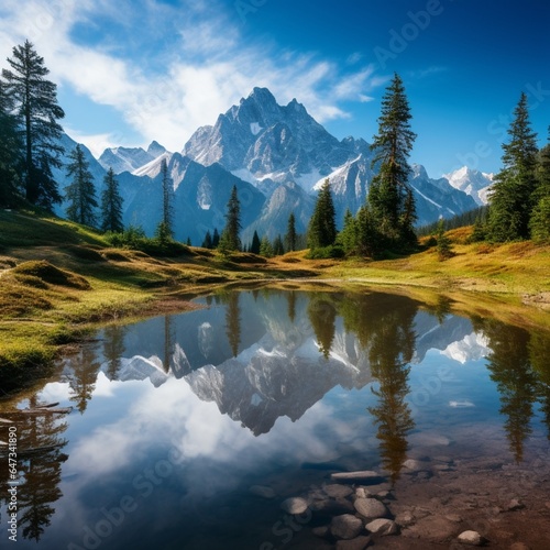 a serene mountain reflection in a pristine alpine lake © Wajid