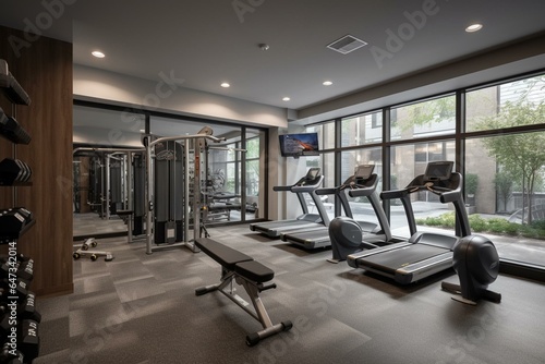 Fitness center with workout machines and a focus on physical education. Generative AI