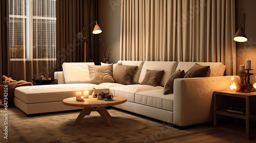 interior design of modern living room with beige fabric sofa and cushions. Generative Ai