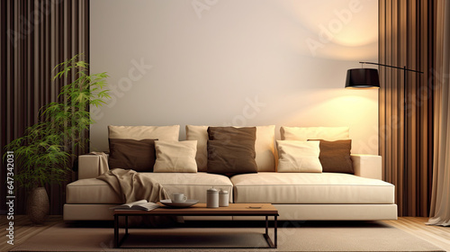 interior design of modern living room with beige fabric sofa and cushions. Generative Ai © tong2530