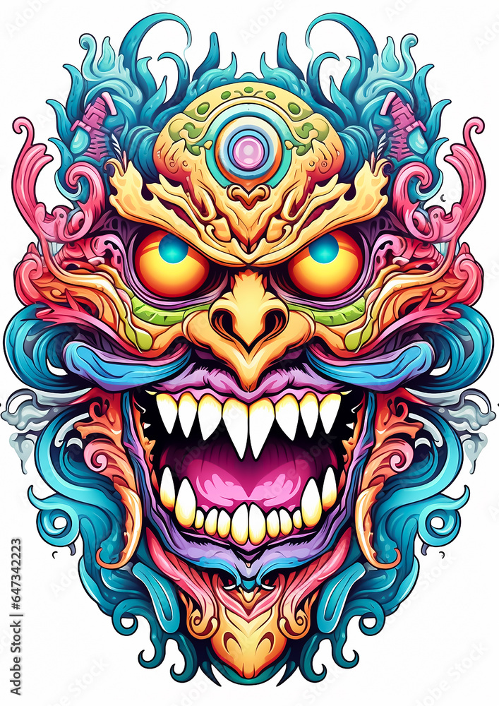 Colorful handmade illustrated of Vintage hollow face of Demon in mandala style 