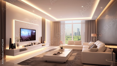 Luxury home interior design of modern living room. White sofa and tv unit in spacious room. Generative Ai
