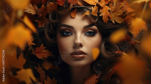Autumn woman fashion portrait. Fall. Beautiful model with autumn leaves hairstyle. Fashion AI Art © brillianata