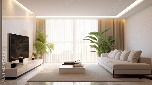 Luxury home interior design of modern living room. White sofa and tv unit in spacious room. Generative Ai