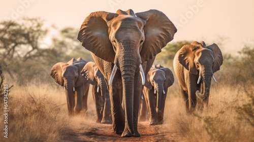 A herd of Elephants walking through a grassland