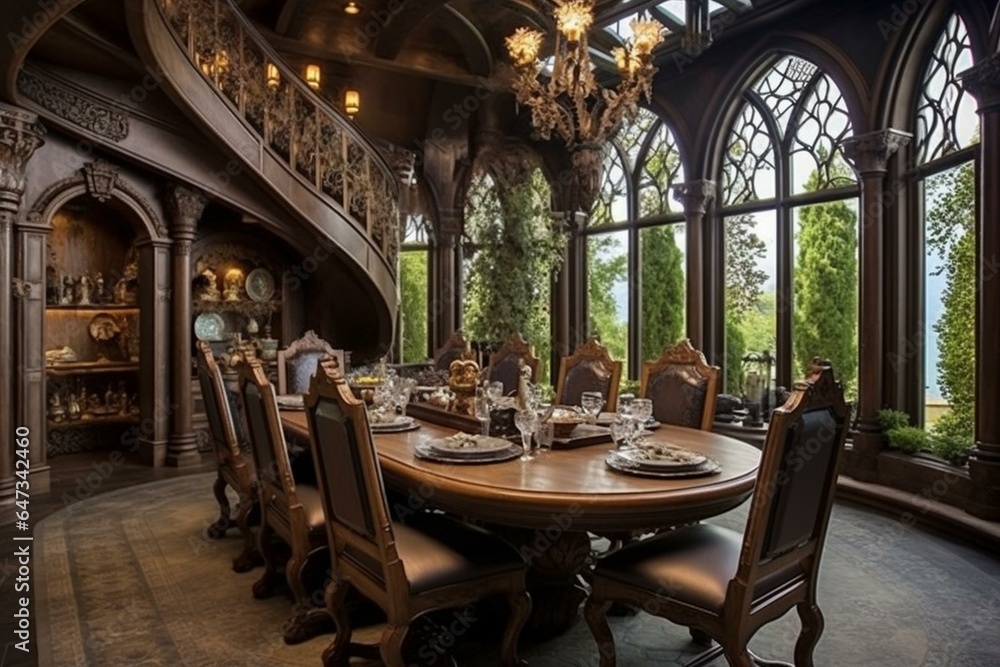 Stunning castle-like dining room design: vibrant, charming, and distinctive ambiance for home decor, furniture, and architectural transformations. Generative AI