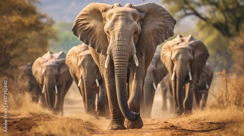 A herd of Elephants walking through a grassland © MBRAMO