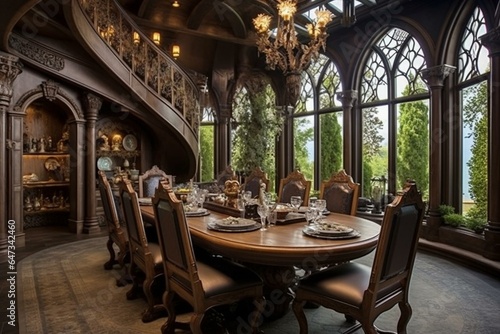 Stunning castle-like dining room design: vibrant, charming, and distinctive ambiance for home decor, furniture, and architectural transformations. Generative AI