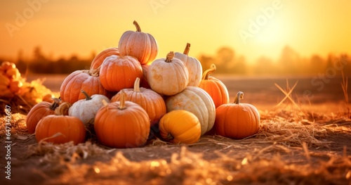 Thanksgiving - Ripe Pumpkins In Field At Sunset