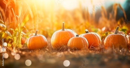 Thanksgiving - Ripe Pumpkins In Field At Sunset