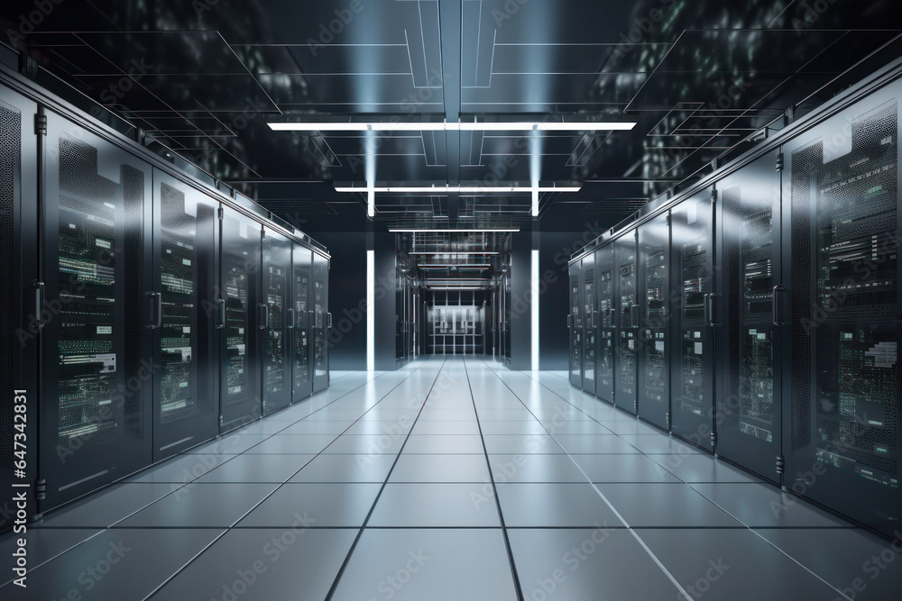 Rows of neatly arranged server racks in a data center room, equipped with state-of-the-art hardware and software for reliable data processing. Is AI Generative. Rows of neatly arranged server racks in a data center room, equipped with state-of-the-art hardware and software for reliable data processing. Is AI Generative.